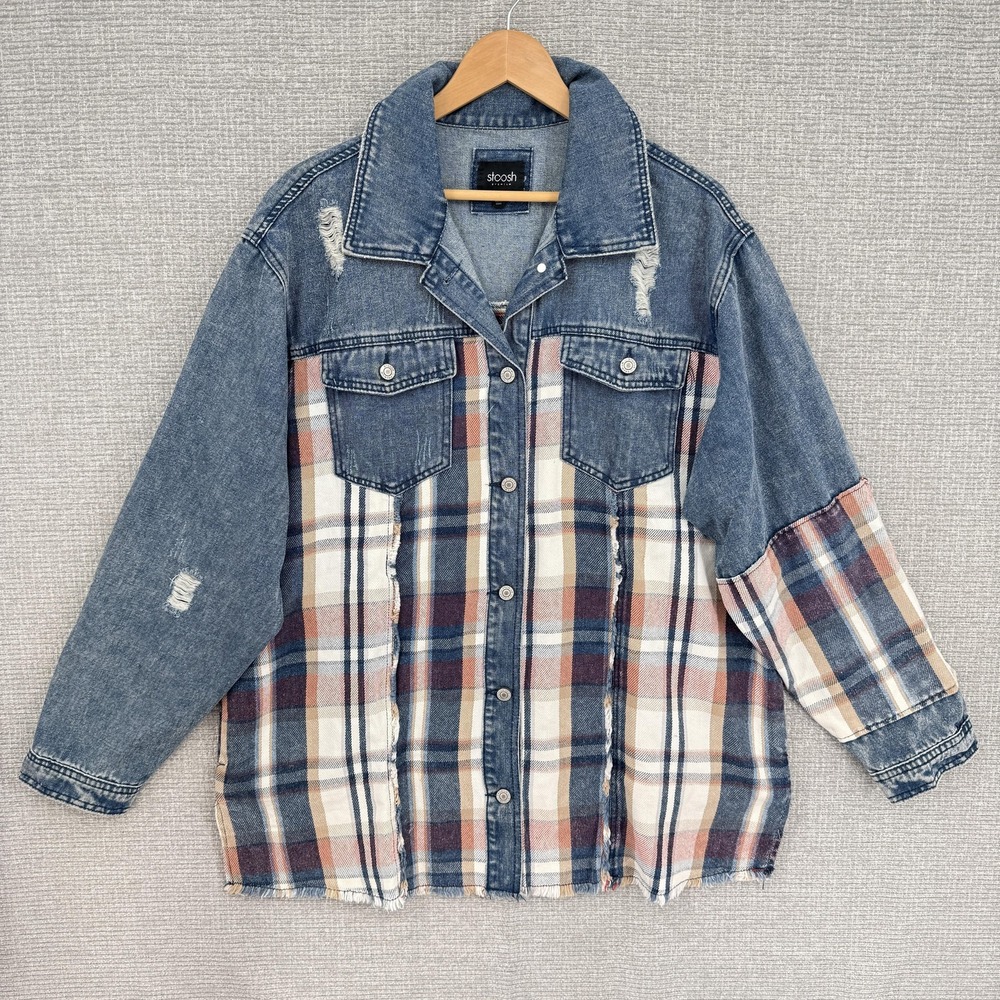 Stoosh Jacket Juniors XL Multicolor Plaid Denim Shacket Distressed Grunge